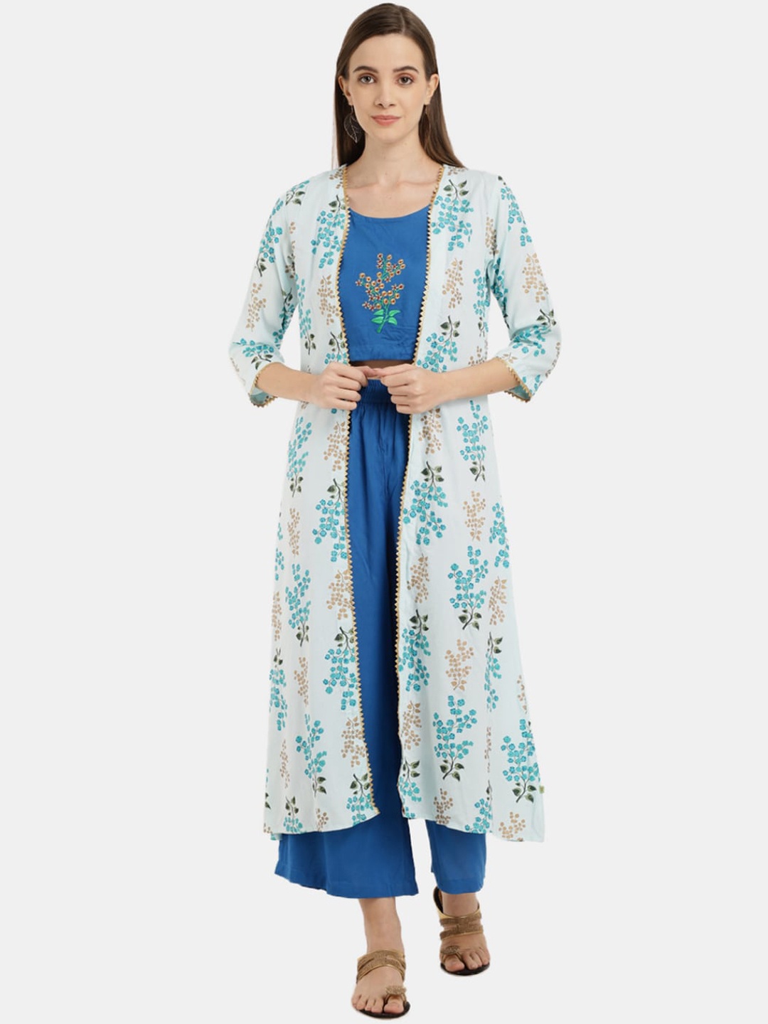 

Desi Mix Women Blue Floral Layered Gotta Patti Top with Palazzos & Jacket