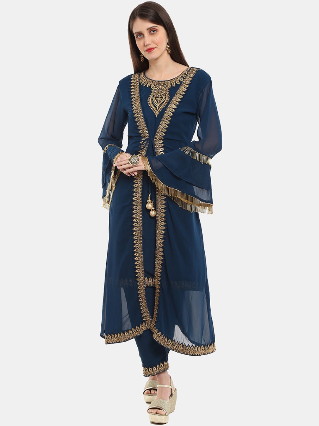 

Desi Mix Women Navy Blue Geometric Yoke Design Flared Sleeves Kurta