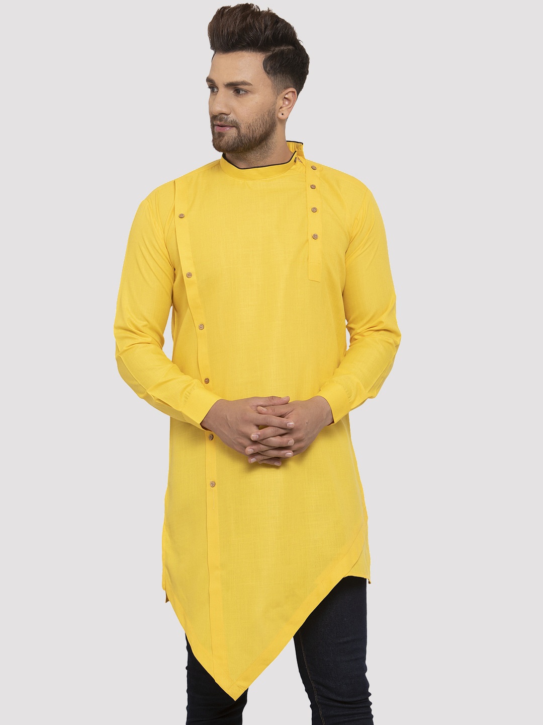 

Kaifoo Men Yellow Flared Sleeves Thread Work Asymmetric Kurta