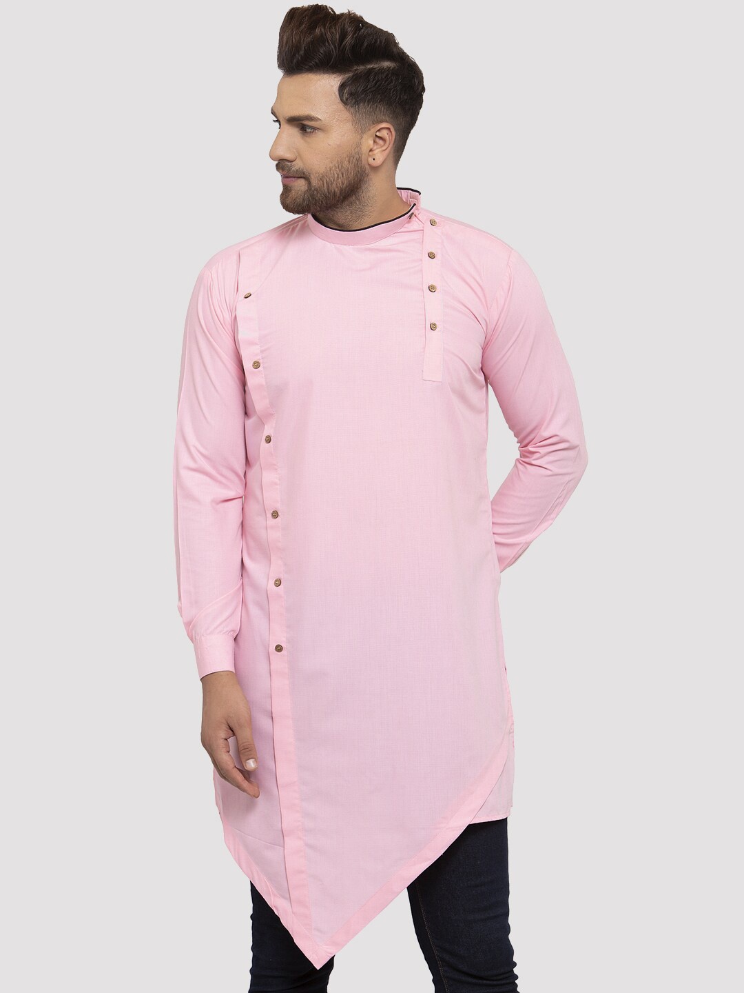 

Kaifoo Men Pink Flared Sleeves Thread Work Asymmetric Kurta