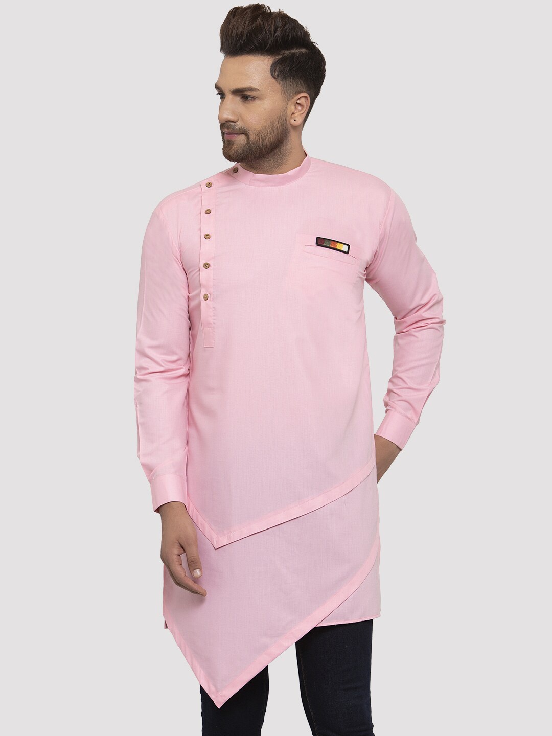 

Kaifoo Men Pink Chikankari Asymmetric Kurta