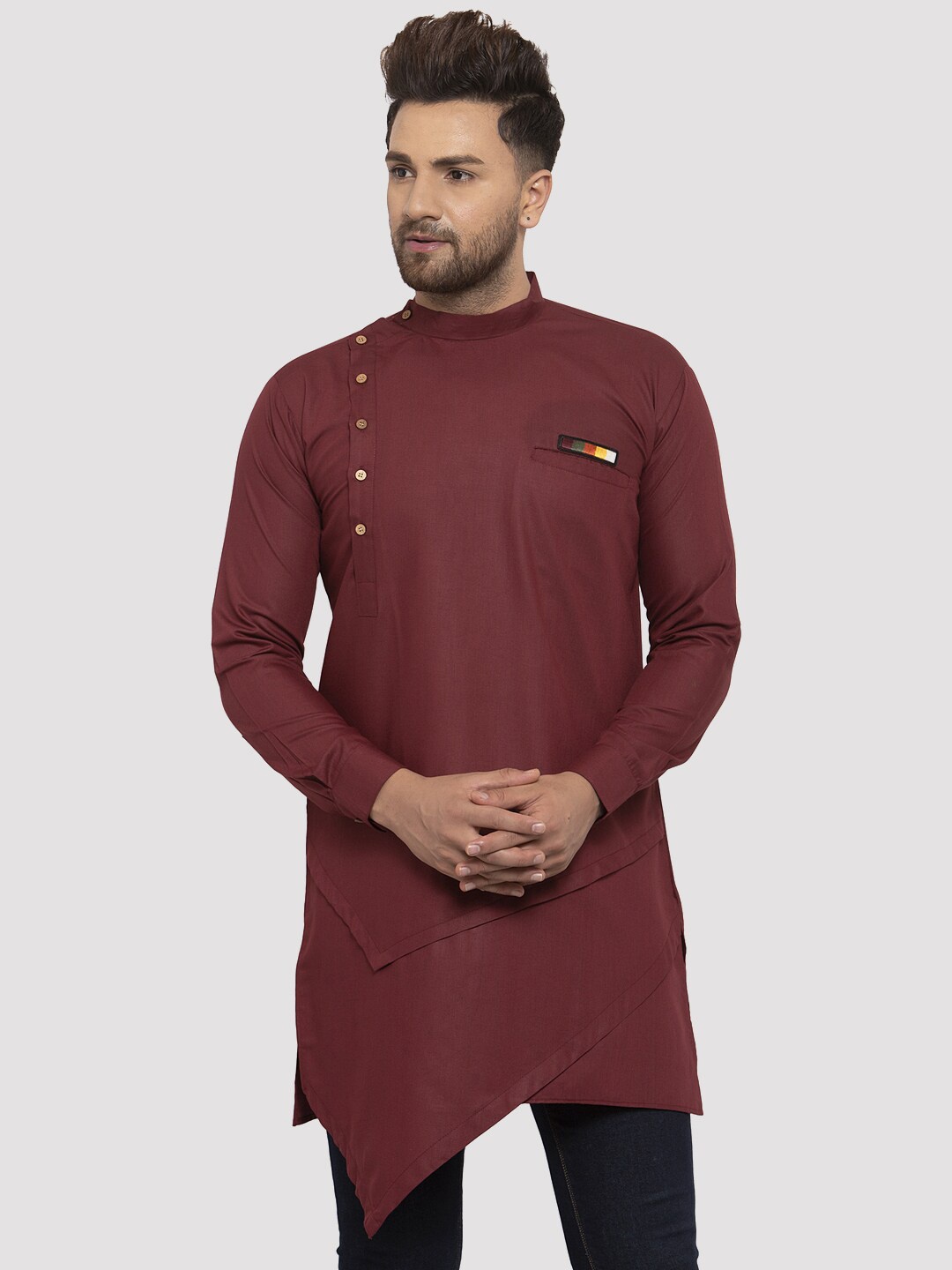 

Kaifoo Men Maroon Thread Work Asymmetric Kurta