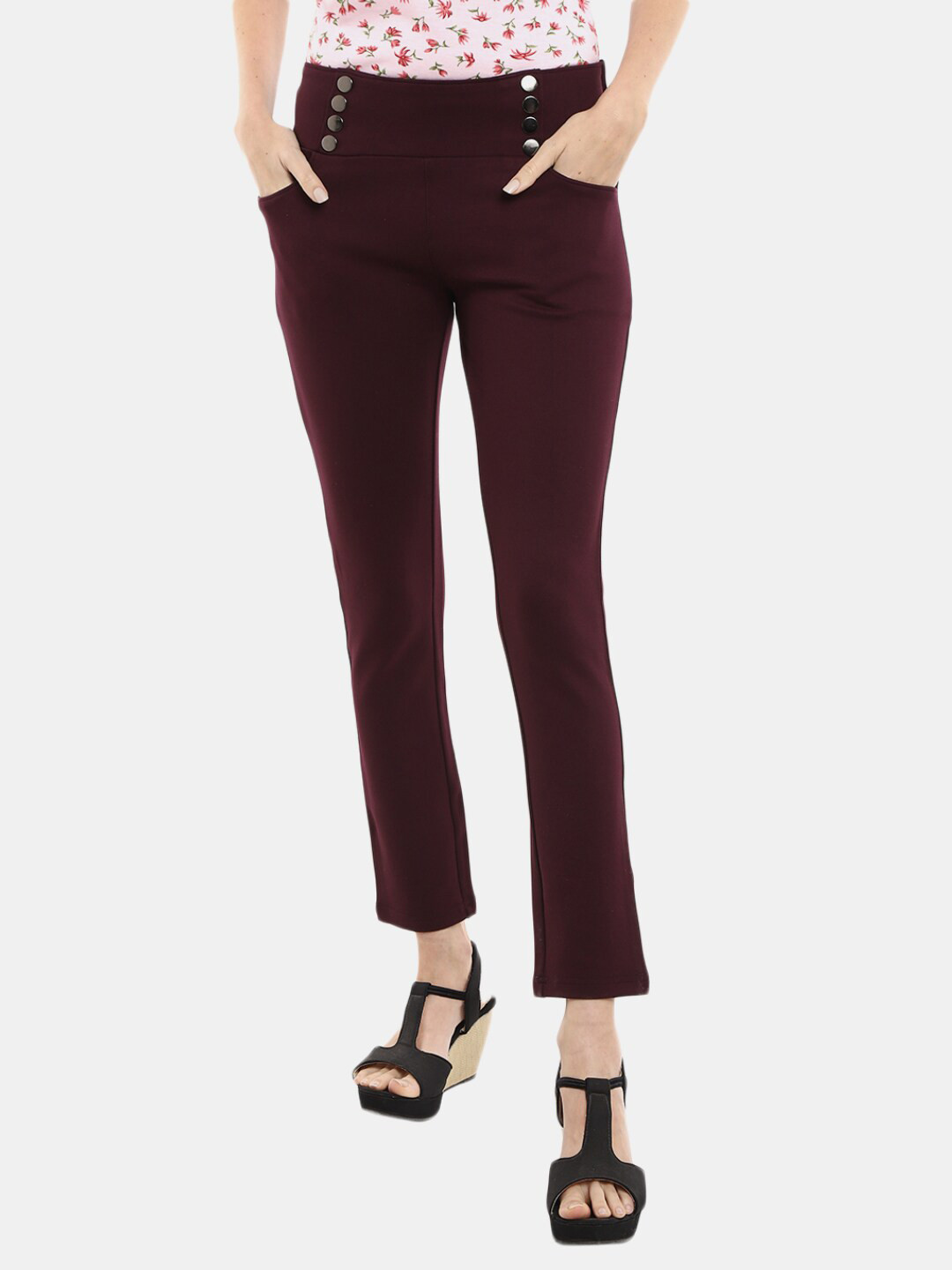 

V-Mart Women Wine Red Solid Pure Cotton Jeggings