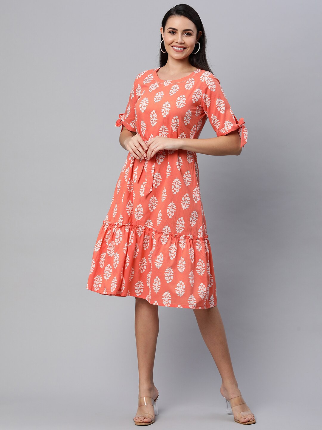 

KAMI KUBI Peach-Coloured Ethnic Motifs A-Line Dress