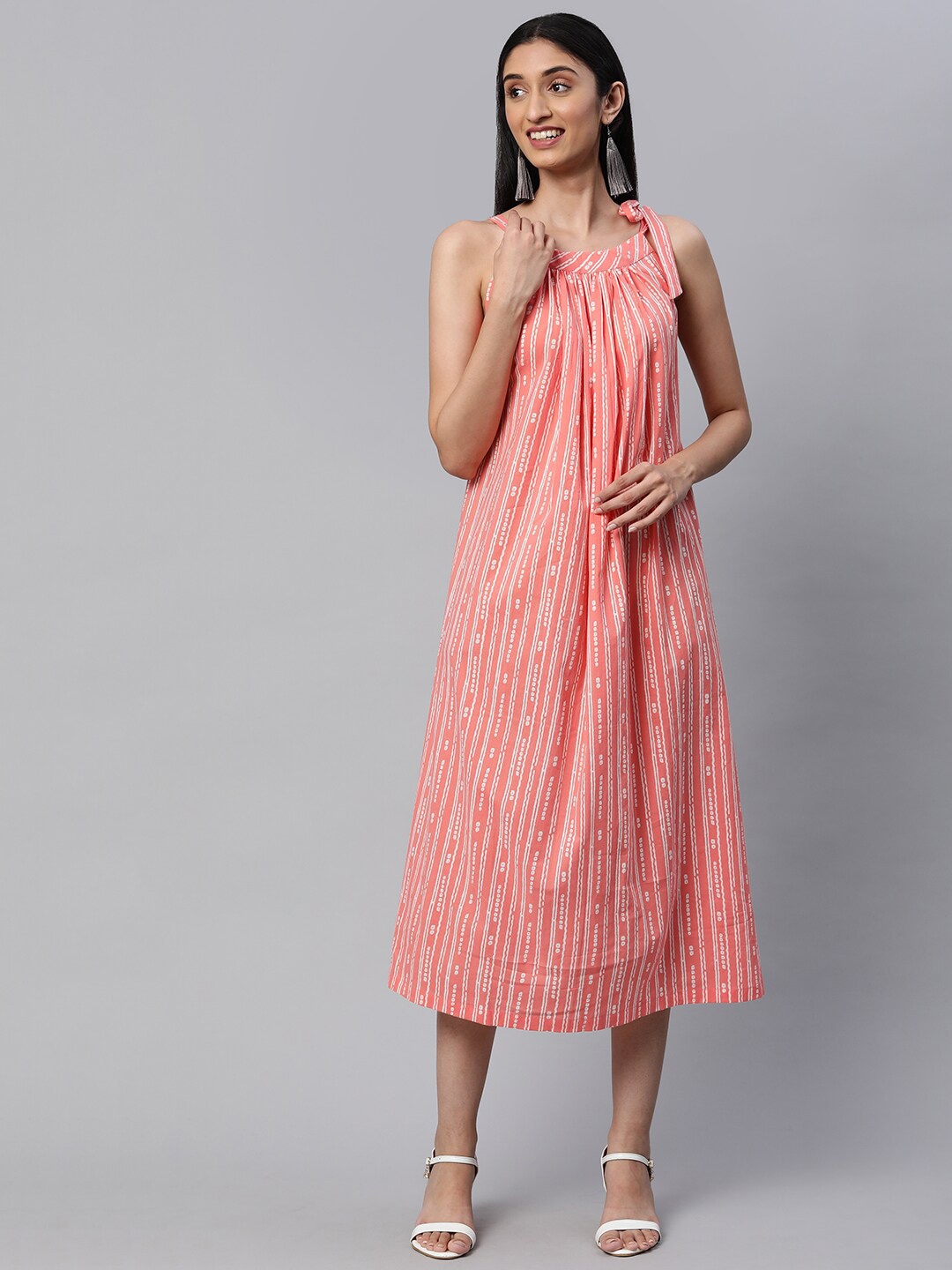 

KAMI KUBI Pink Striped A-Line Midi Dress