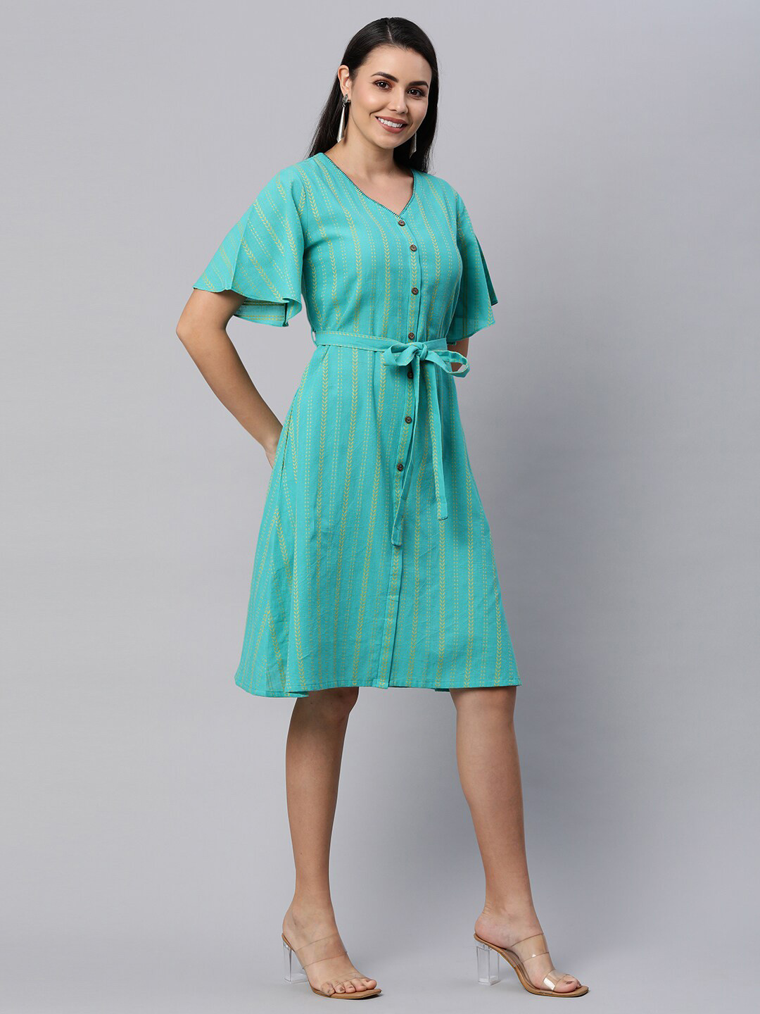 

KAMI KUBI Green Striped A-Line Dress