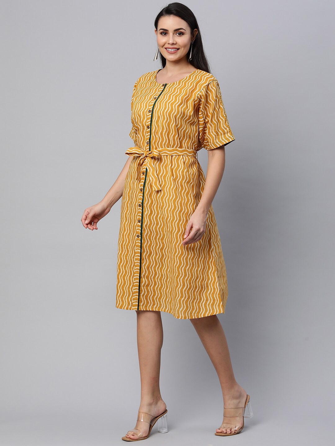 

KAMI KUBI Mustard Yellow Striped A-Line Dress