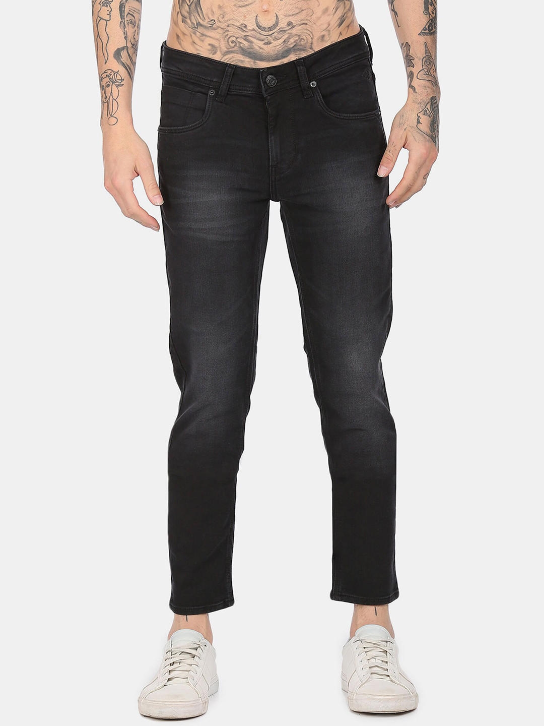 

Flying Machine Men Black Skinny Fit Low-Rise Mildly Distressed Heavy Fade Stretchable Jeans
