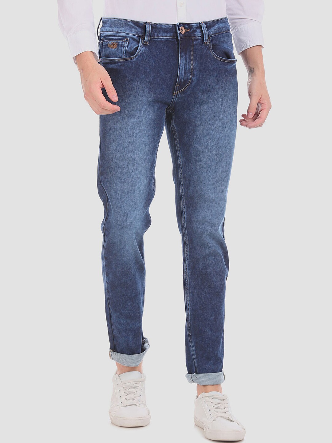 

Flying Machine Men Blue Cotton Slim Fit Low-Rise Heavy Fade Jeans