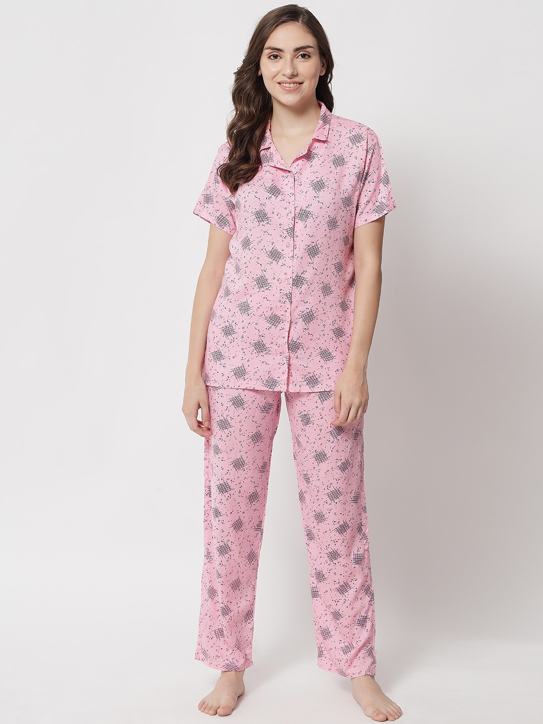 

Klamotten Women Pink & Grey Printed Night suit