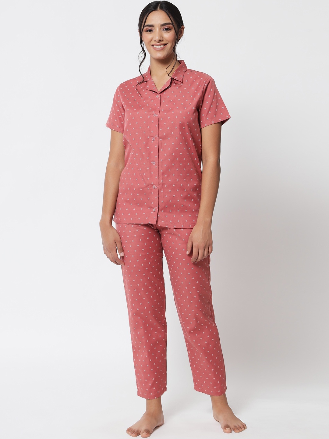 

Klamotten Women Rust & White Printed Night suit