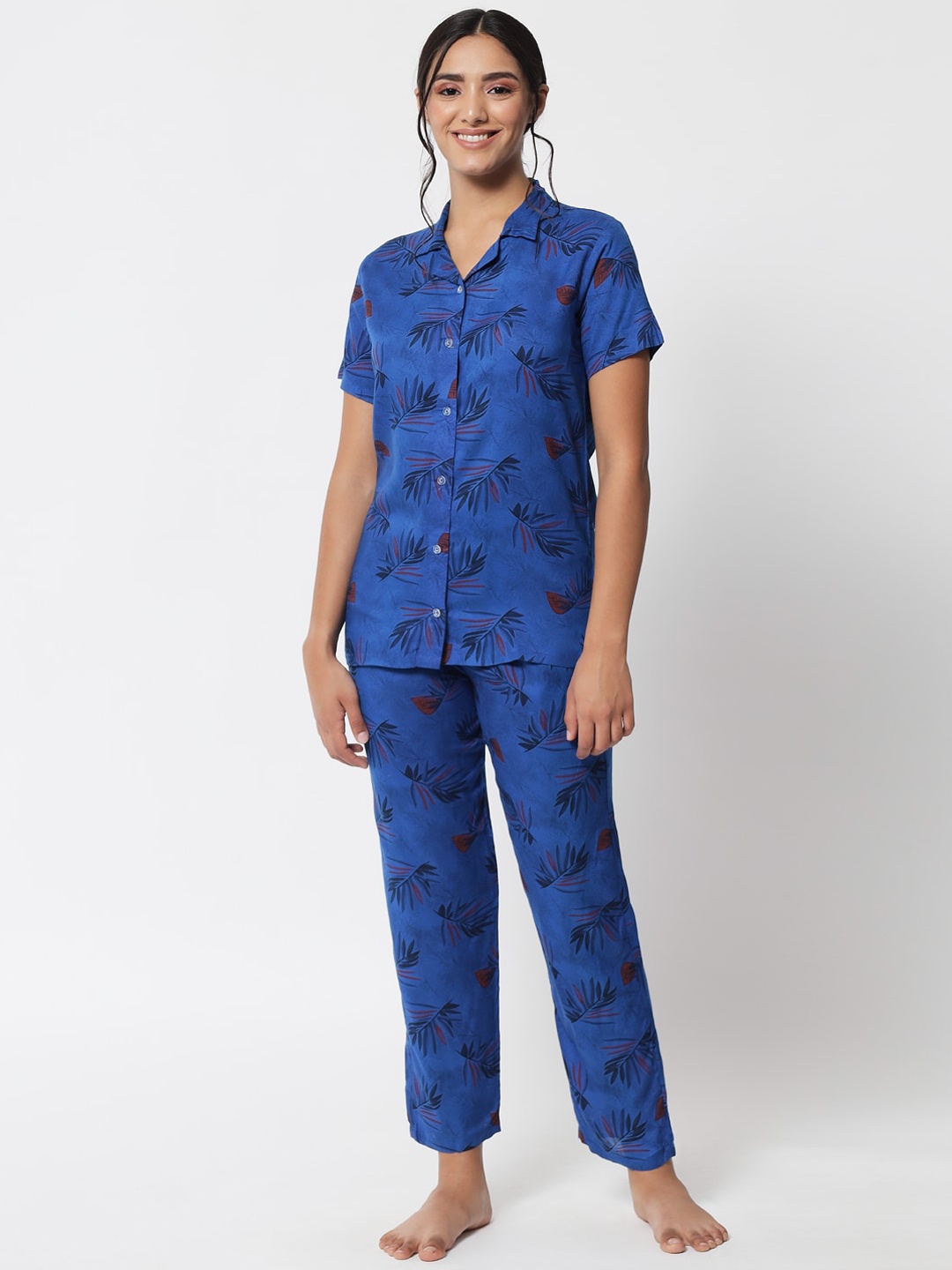 

Klamotten Women Navy Blue & Rust Printed Night suit