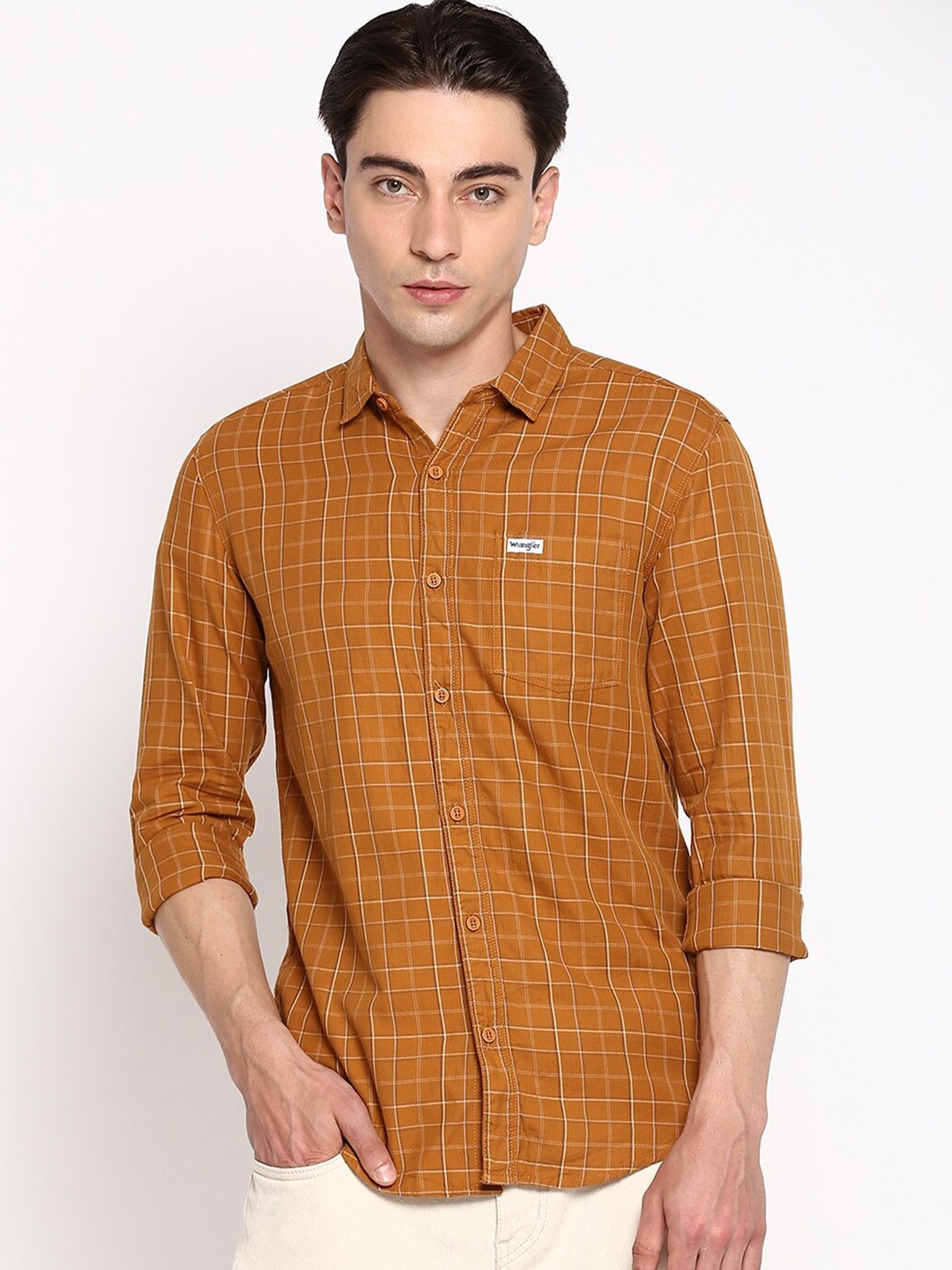

Wrangler Men Rust Slim Fit Grid Tattersall Checks Casual Shirt