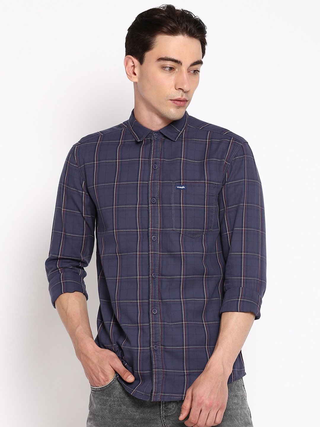

Wrangler Men Blue Cotton Windowpane Checked Slim Fit Casual Shirt