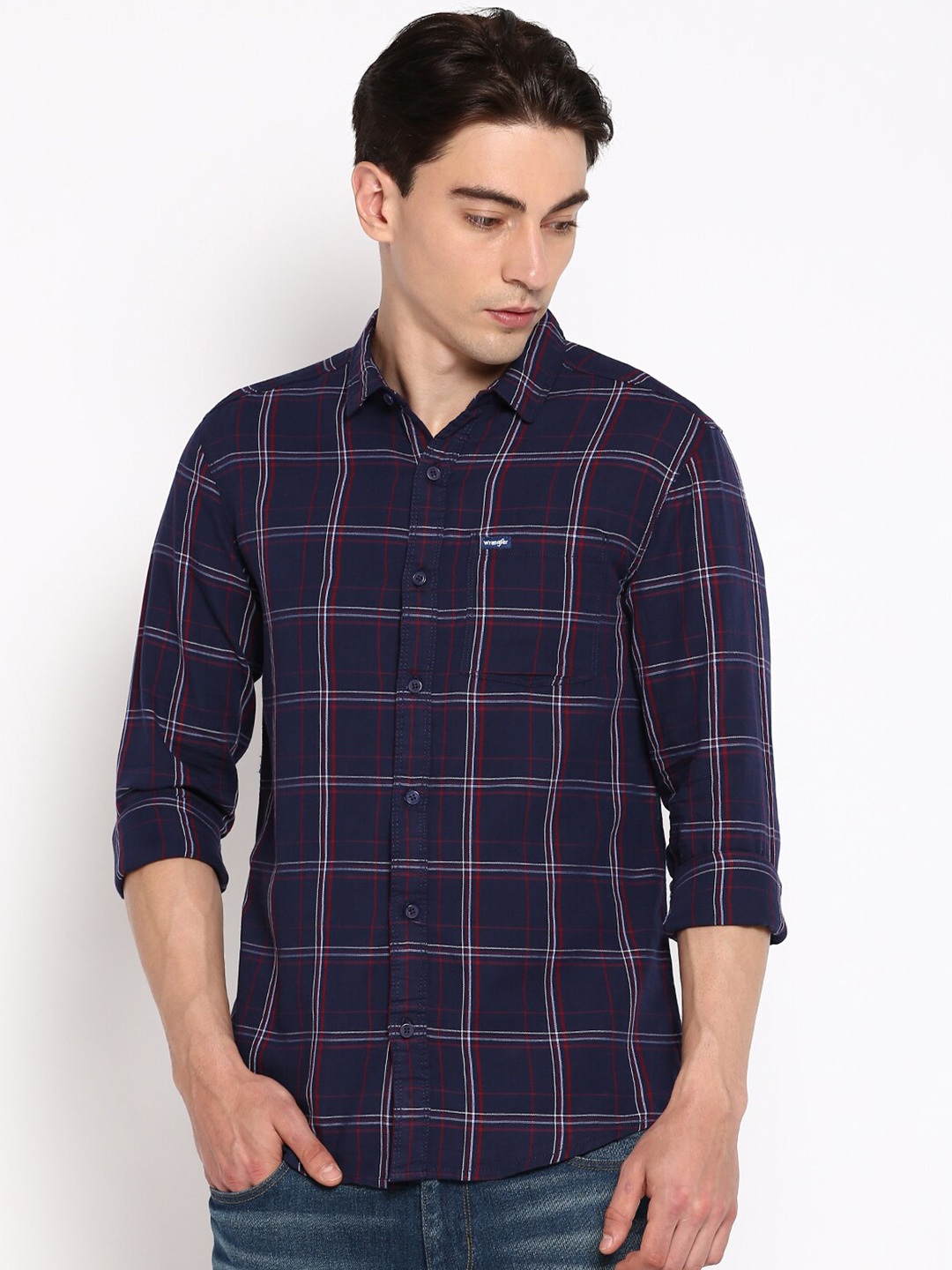 

Wrangler Men Navy Blue Slim Fit Tartan Checked Casual Shirt