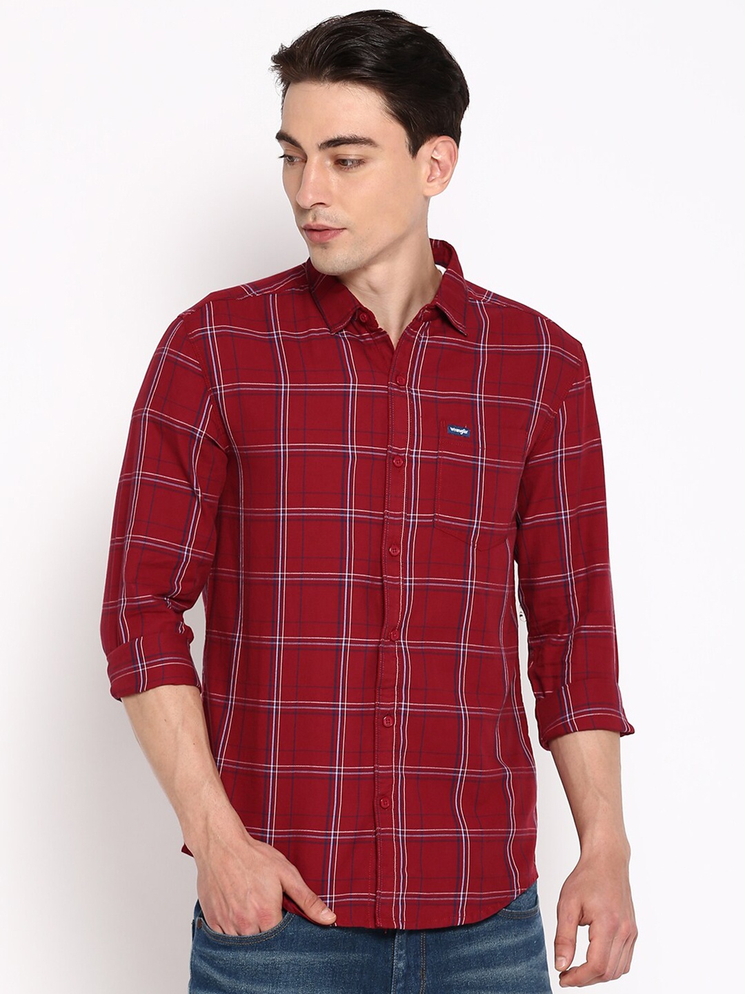 

Wrangler Men Maroon & Blue Slim Fit Tartan Checks Checked Pure Cotton Casual Shirt