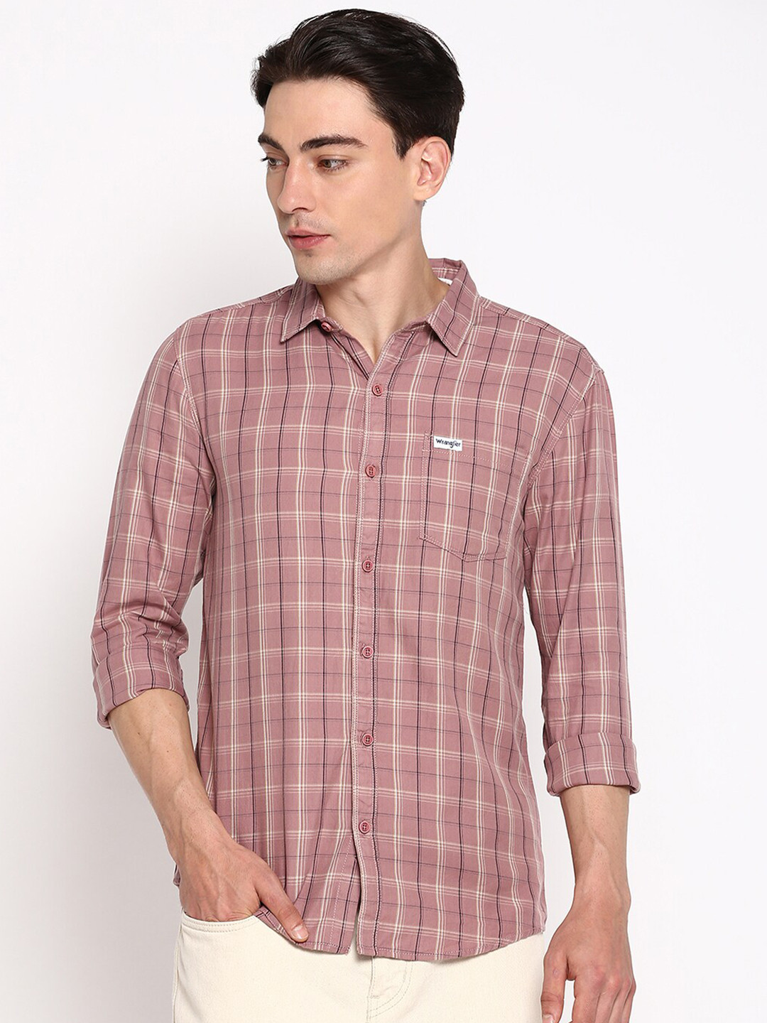 

Wrangler Men Brown Slim Fit Tartan Checks Checked Cotton Casual Shirt
