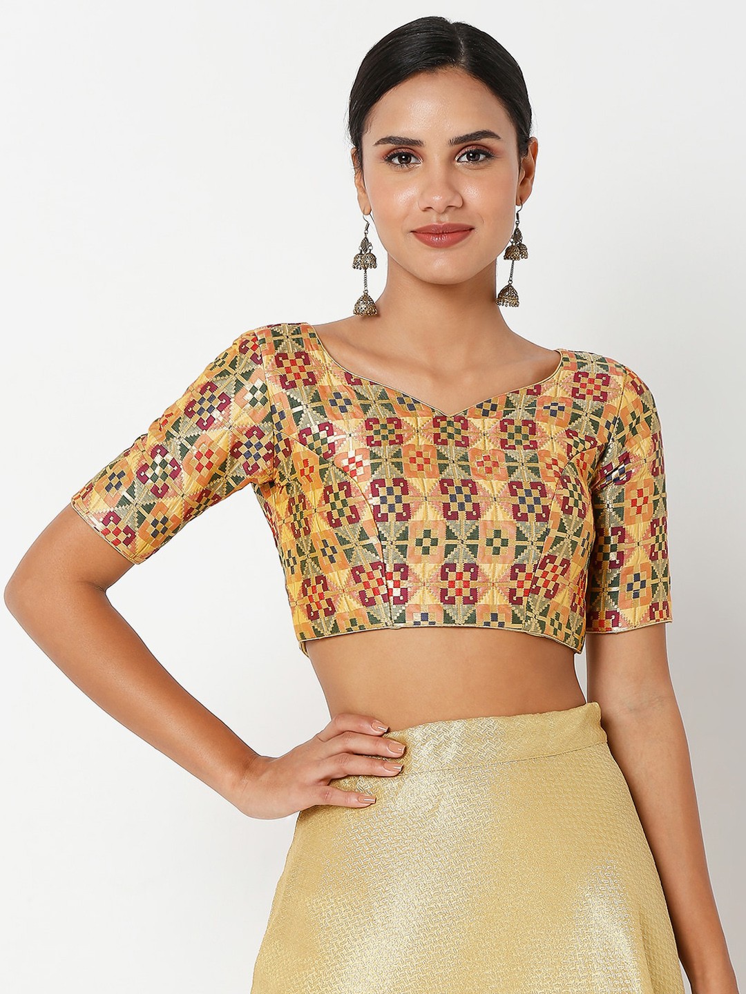 

SALWAR STUDIO Women Gold-Colored Self-Design Brocade Saree Blouse