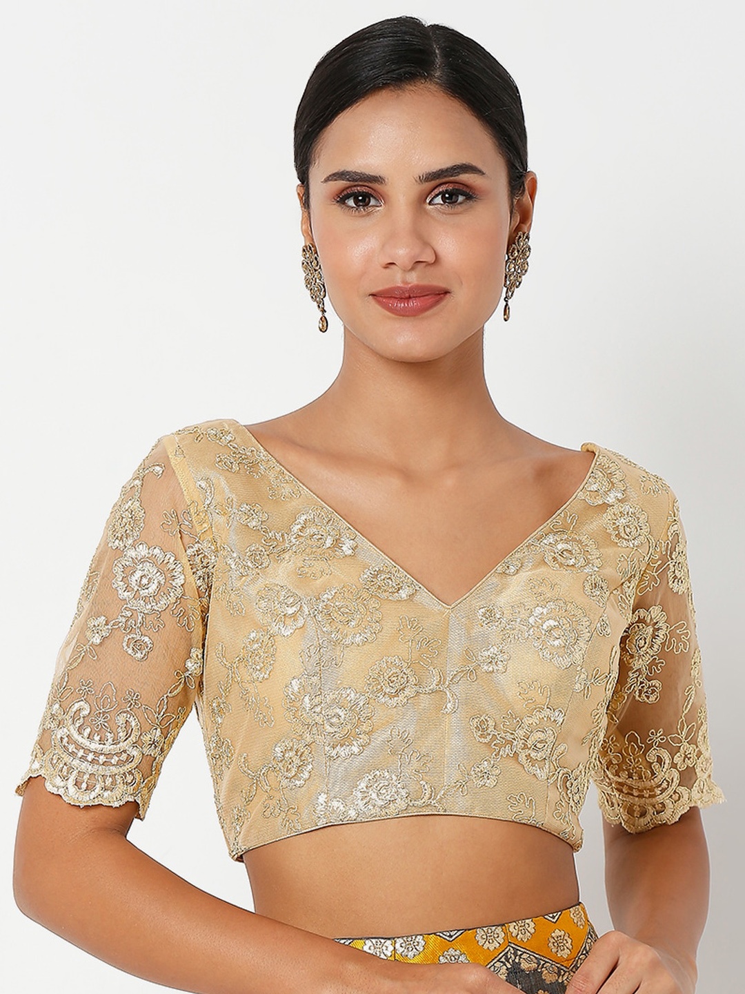 

SALWAR STUDIO Women Gold-Coloured Embroidered Saree Blouse