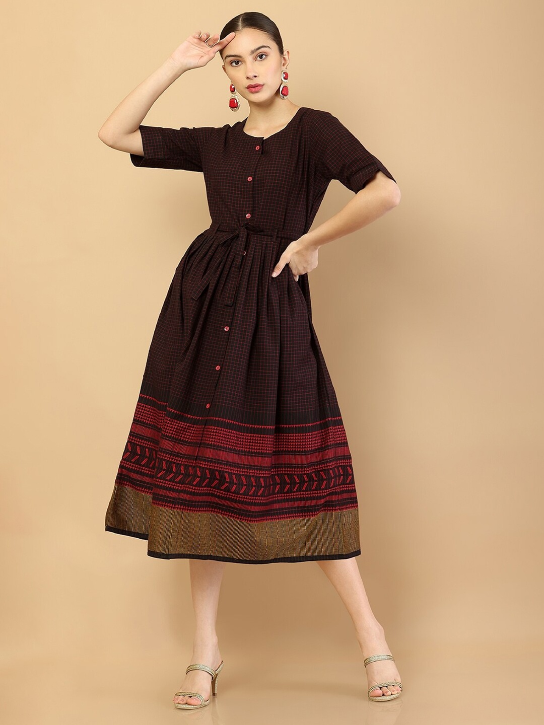 

Soch Black & Red Checked A-Line Midi Dress