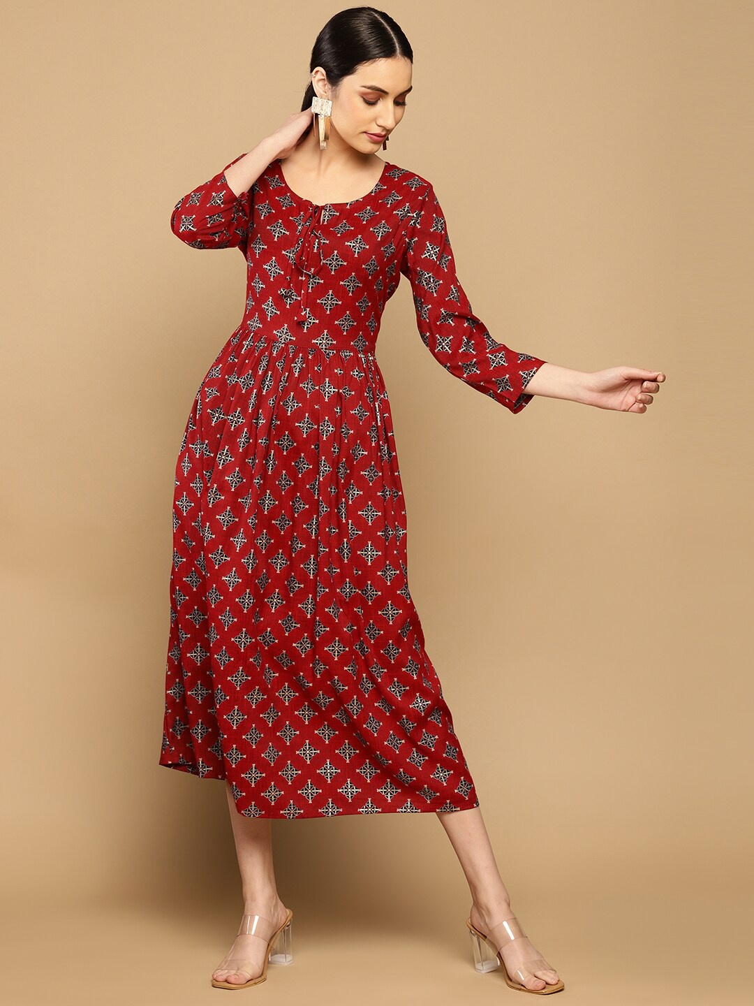 

Soch Maroon Ethnic Motifs Ethnic A-Line Midi Dress
