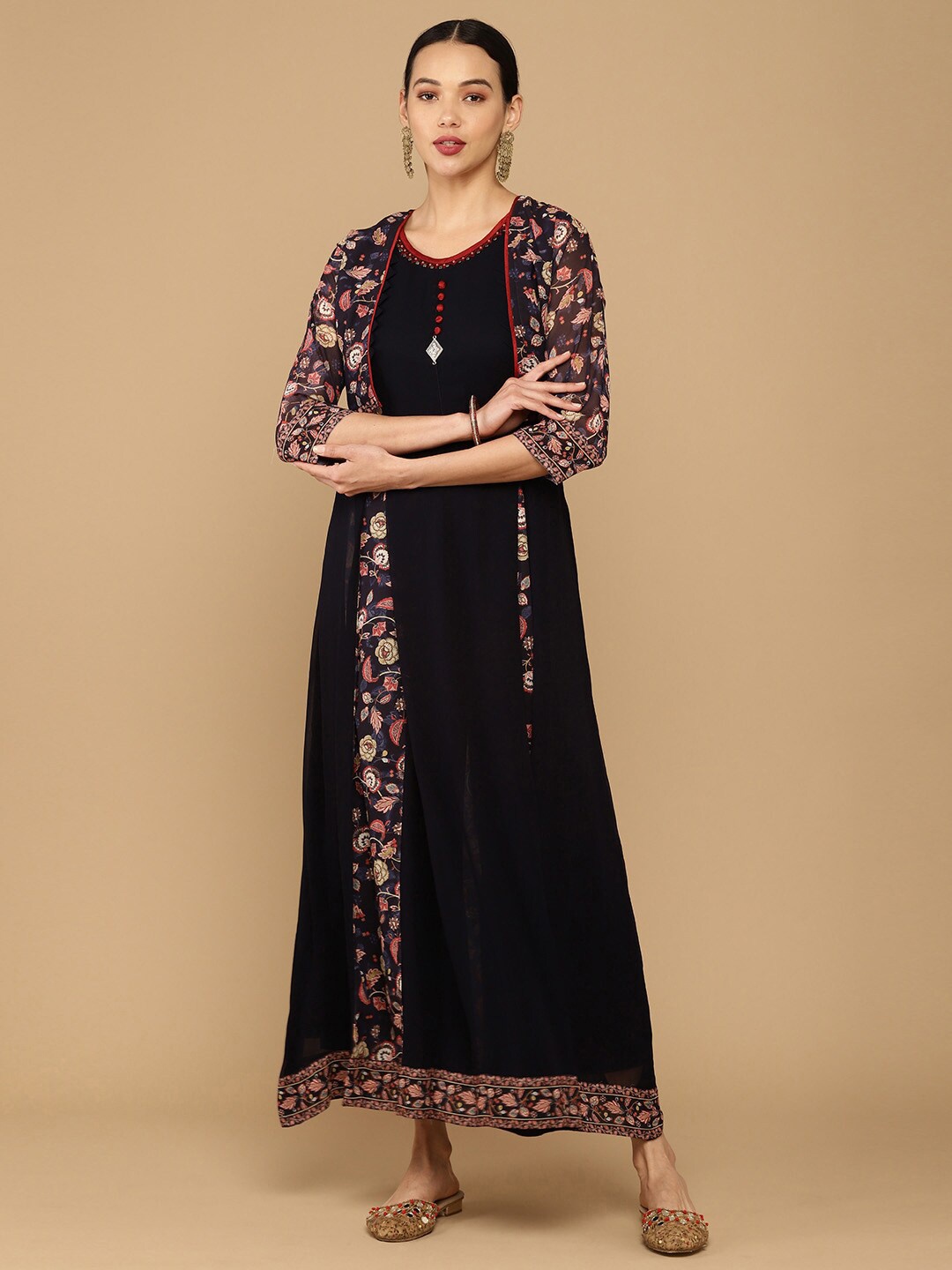 

Soch Women Navy Blue & Red Ethnic Motifs Georgette Ethnic Maxi Dress