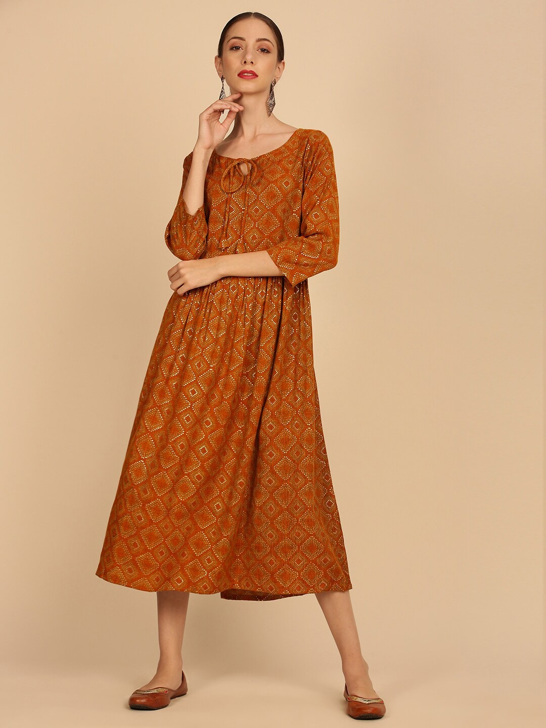

Soch Mustard Yellow Ethnic Motifs Ethnic A-Line Midi Dress