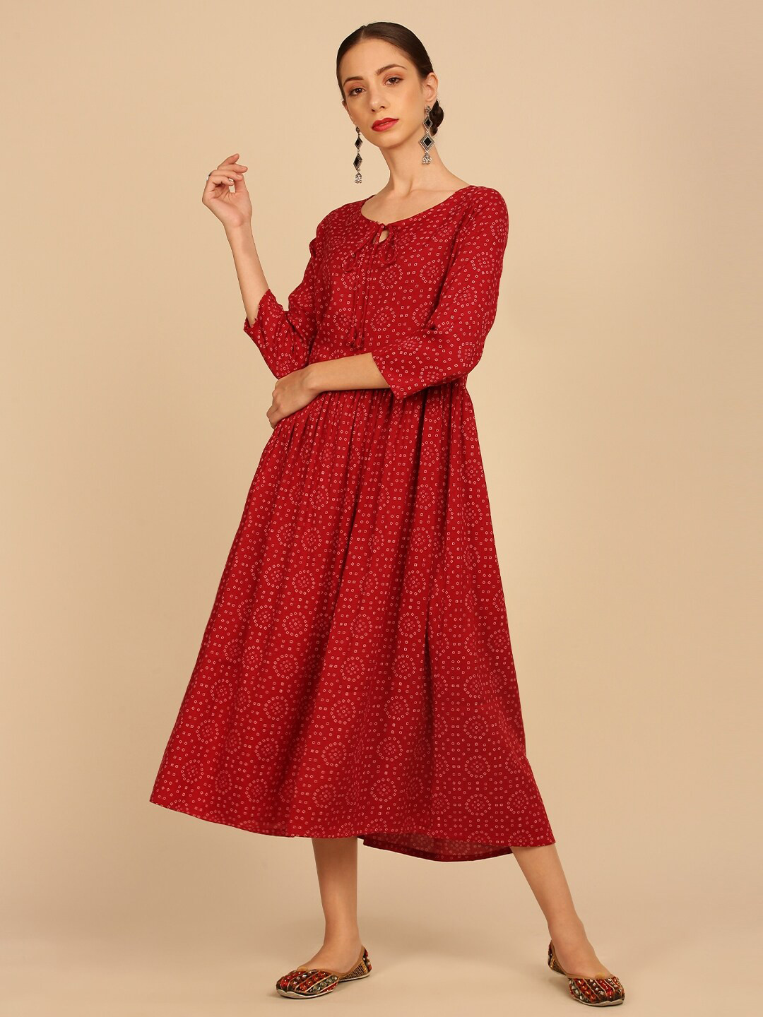 

Soch Maroon Ethnic Motifs Tie-Up Neck Ethnic A-Line Midi Dress