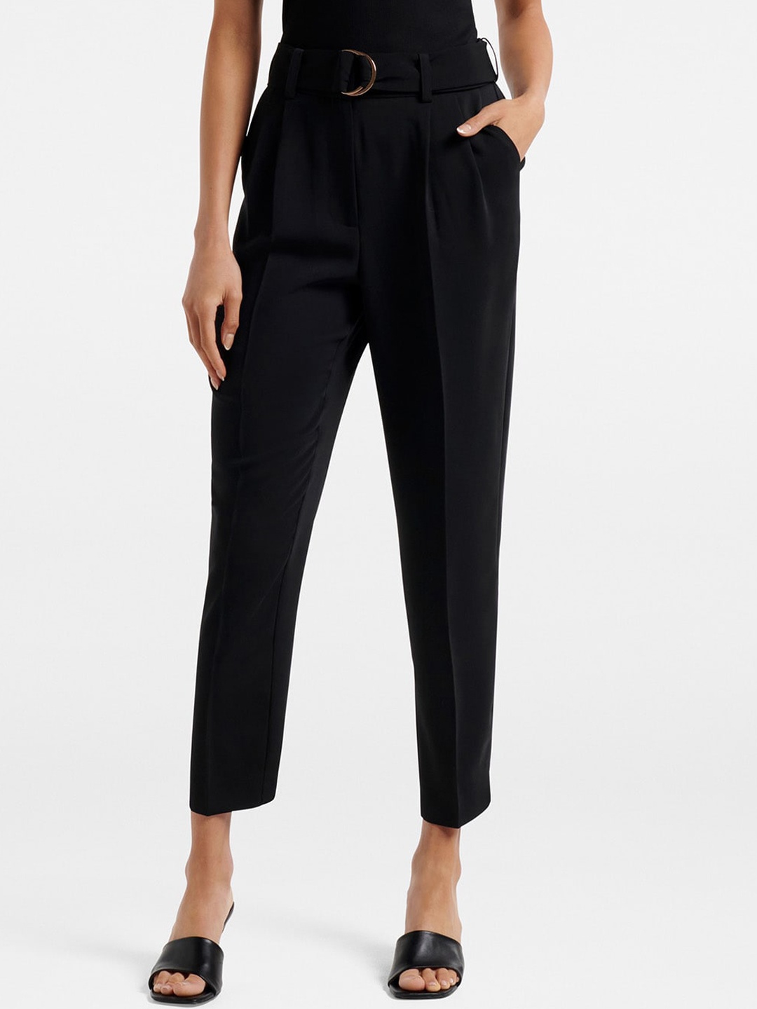 

Forever New Women Black Tapered Fit High-Rise Pleated Trousers