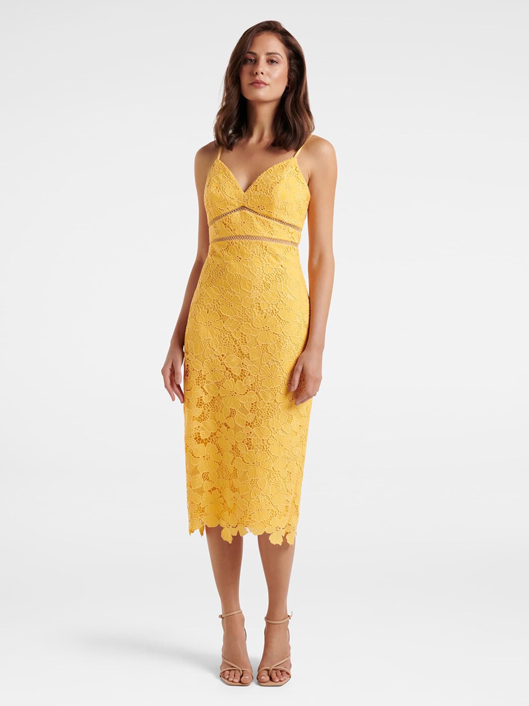 

Forever New Yellow Lace Sheath Midi Dress