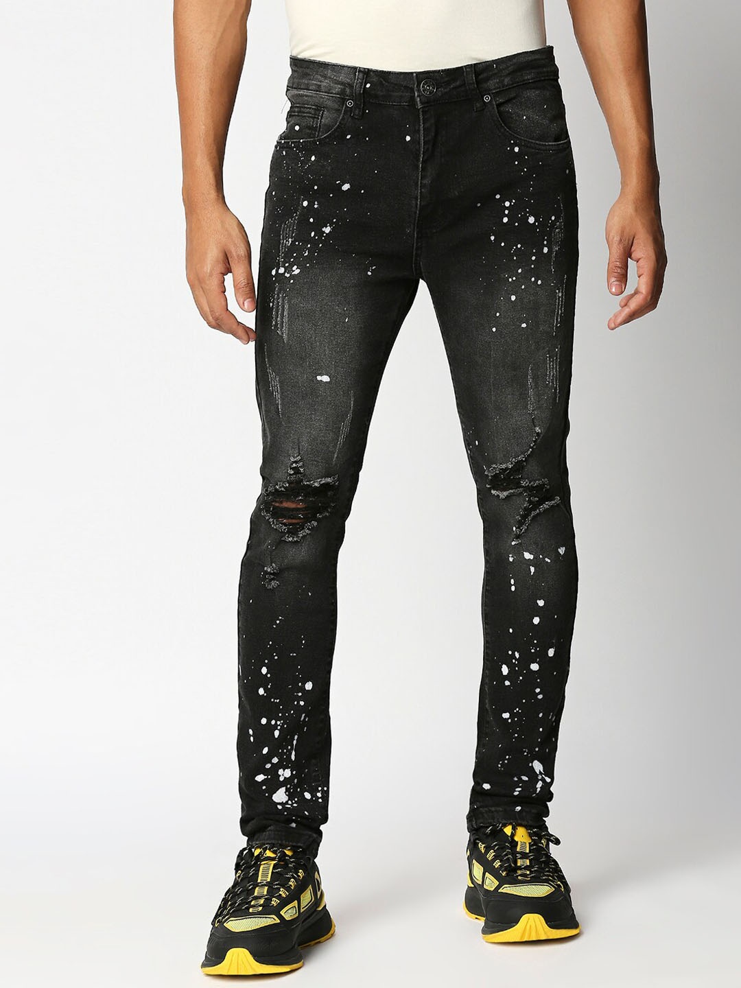 

WAIMEA Men Black Skinny Fit Mildly Distressed Light Fade Embellished Stretchable Jeans