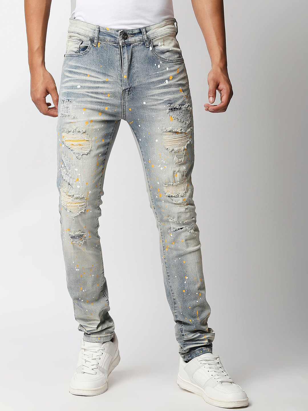 

WAIMEA Men Blue Skinny Fit Highly Distressed Heavy Fade Embellished Stretchable Jeans