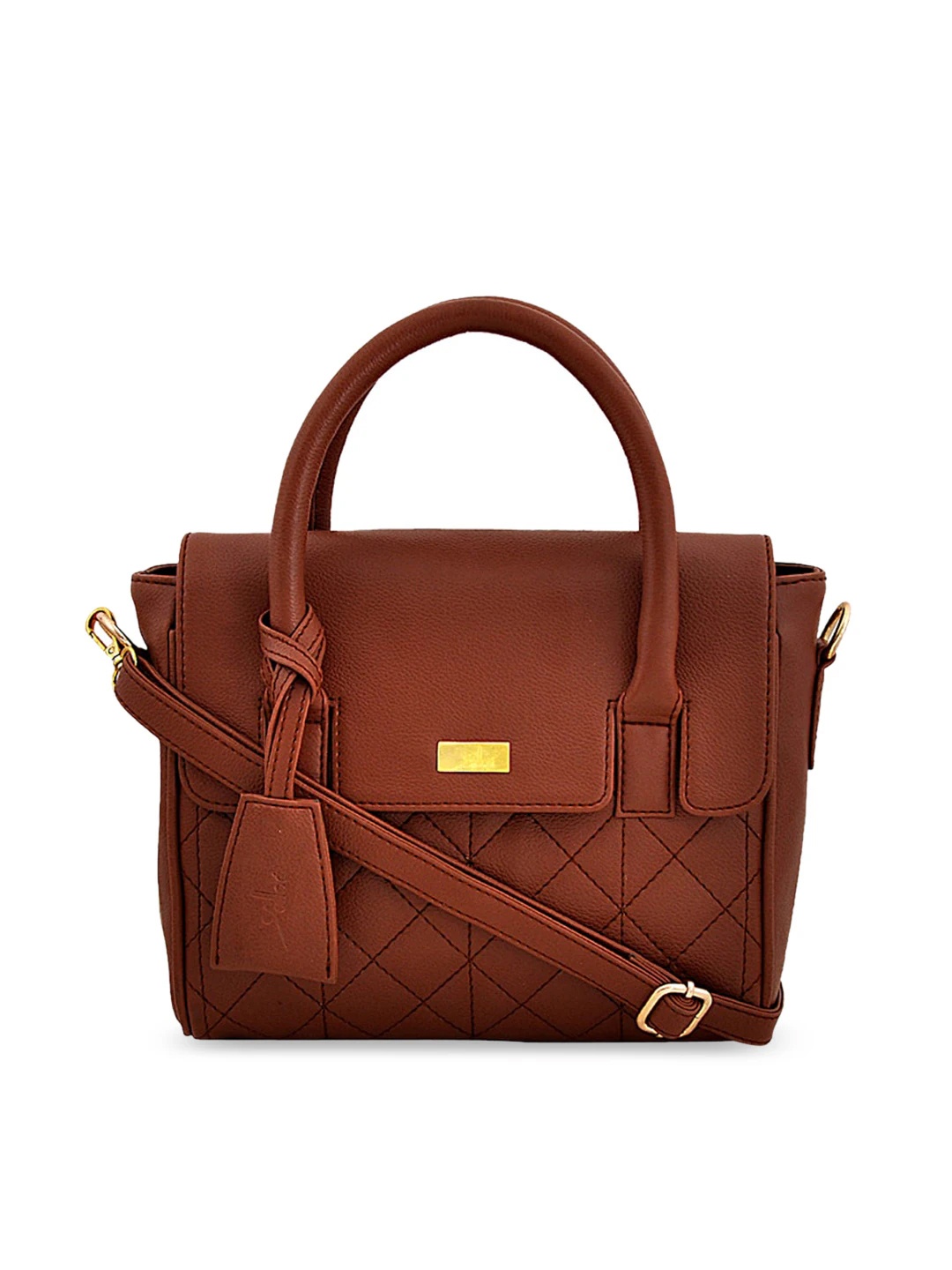 

yelloe Tan Textured Structured Handheld Bag with Quilted