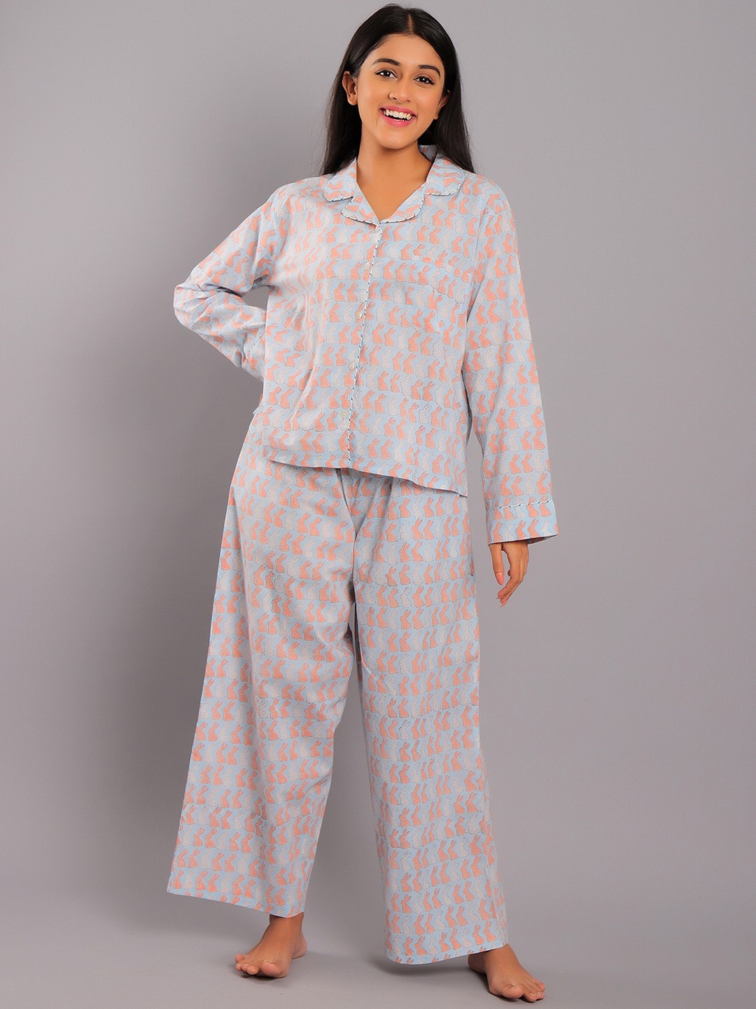 

GAURANCHE Women Blue Printed Pure Cotton Night suit