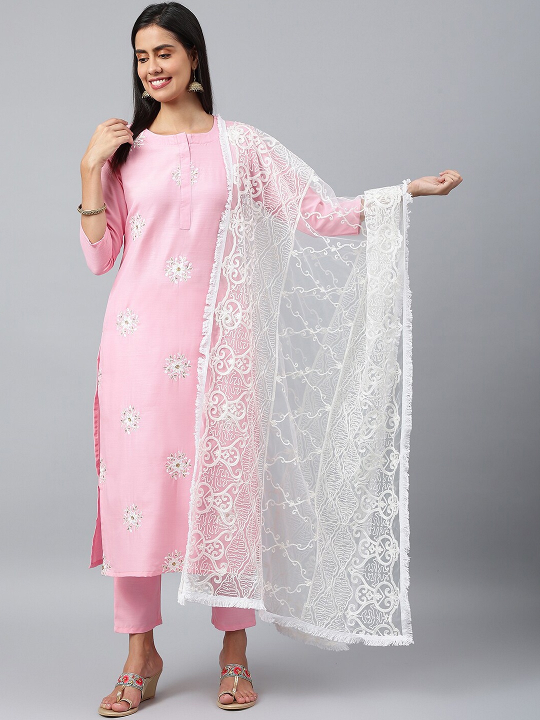 

KALINI Women Pink Floral Embroidered Layered Kurti with Trousers & With Dupatta