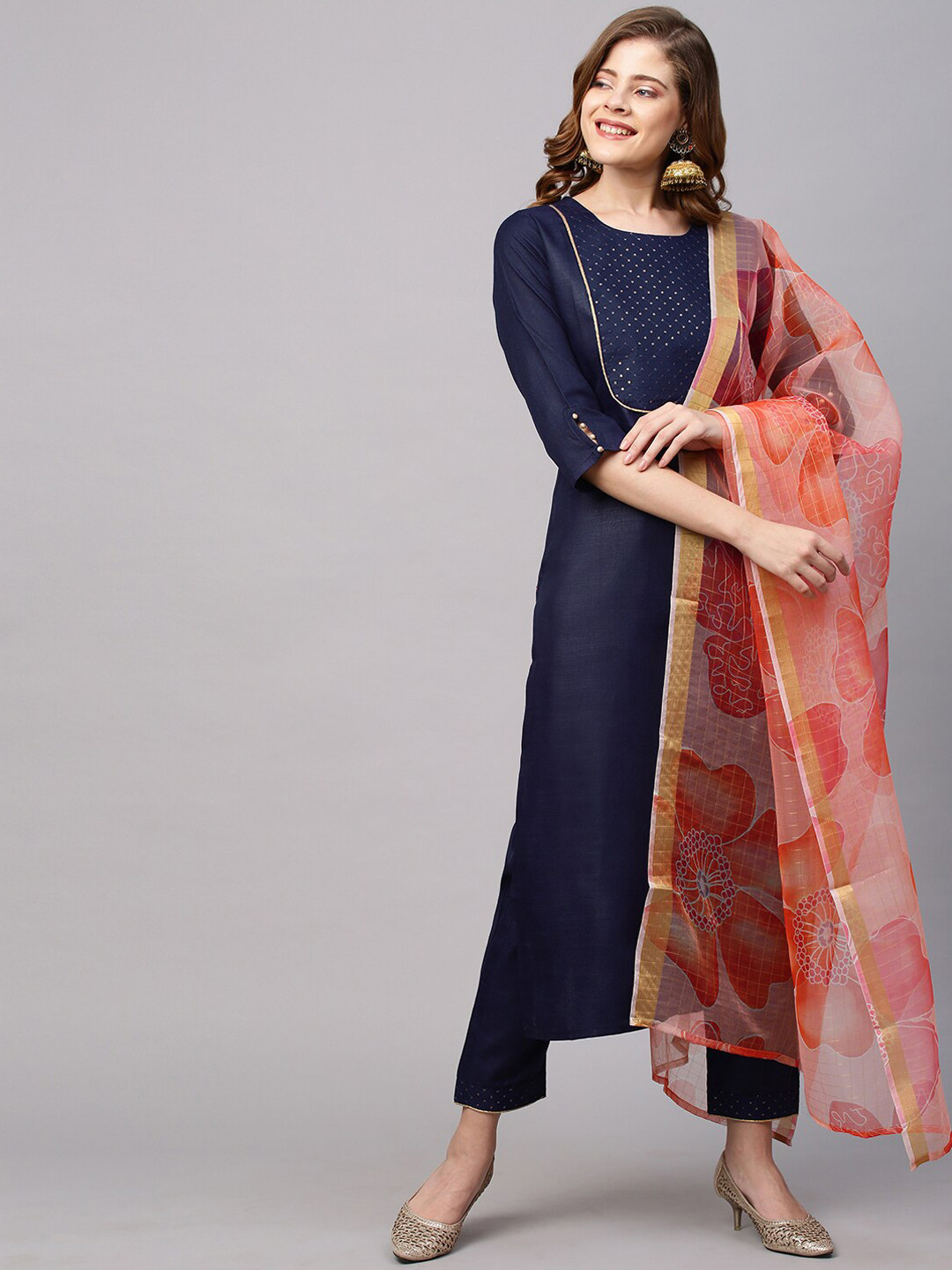 

GoSriKi Women Blue Layered Kurta with Trousers & With Dupatta