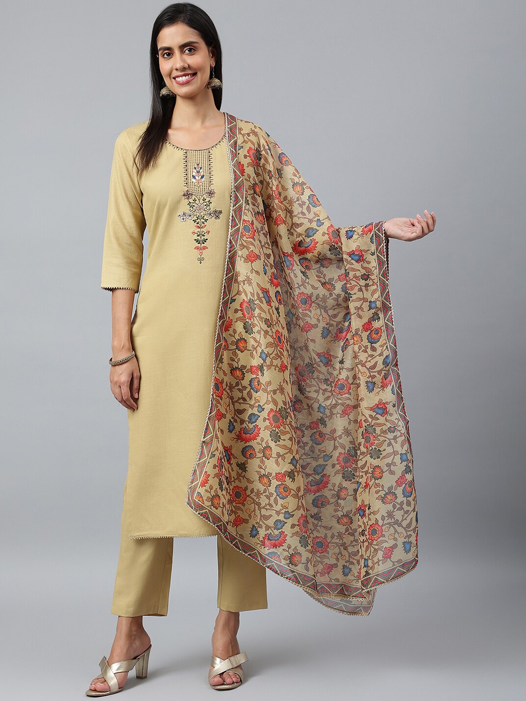 

KALINI Women Beige Embroidered Kurta with Trousers & With Dupatta