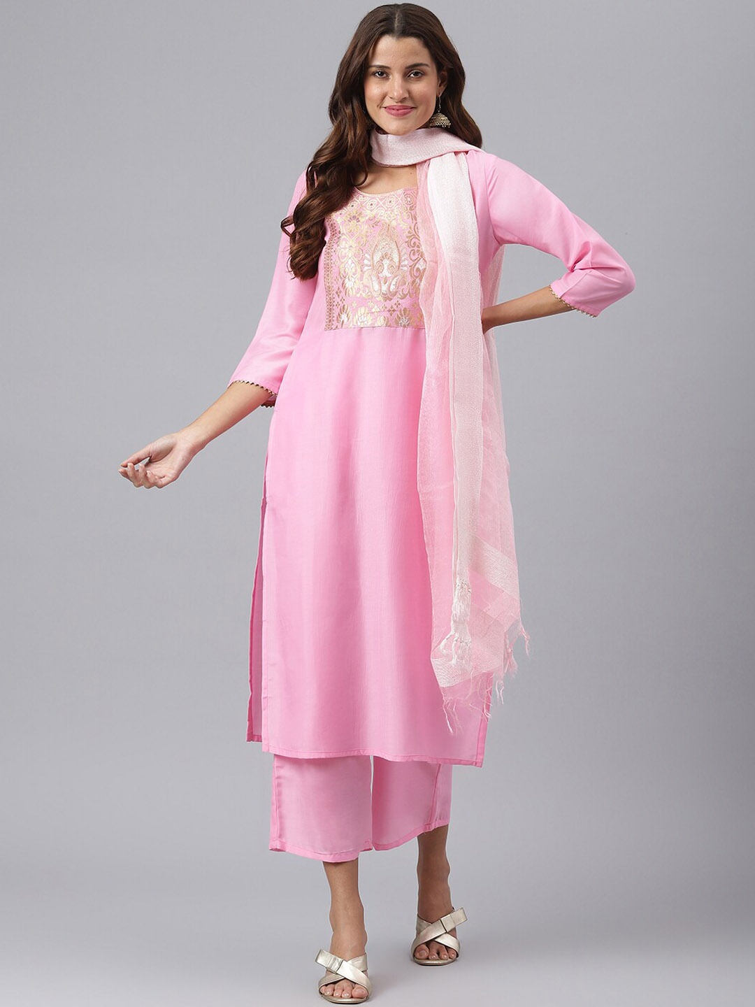 

KALINI Women Pink Yoke Design Straight Kurta with Palazzos & Dupatta