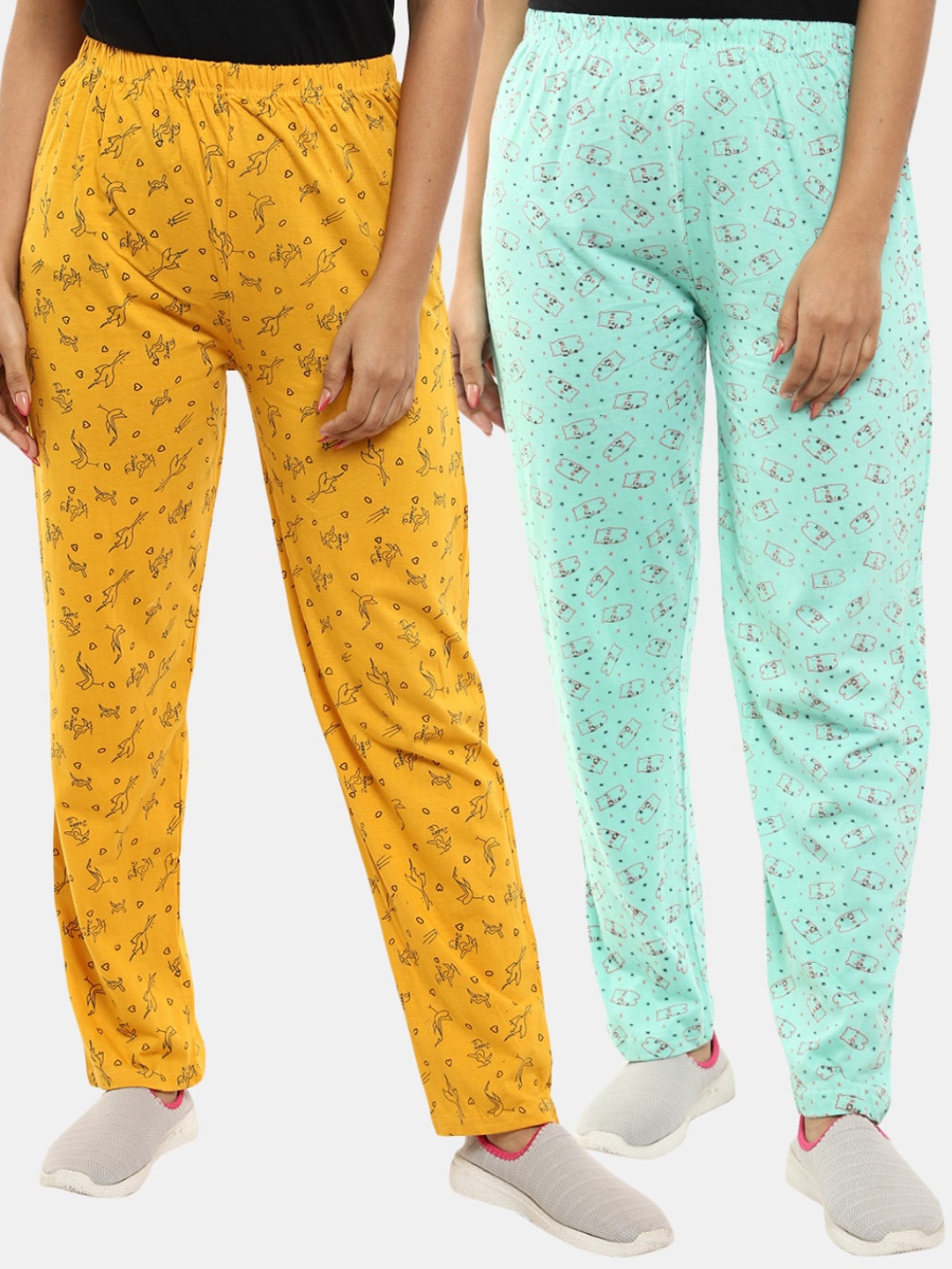 

V-Mart Pack of 2 Sea Green & Mustard Yellow Printed Lounge Pants, Gold