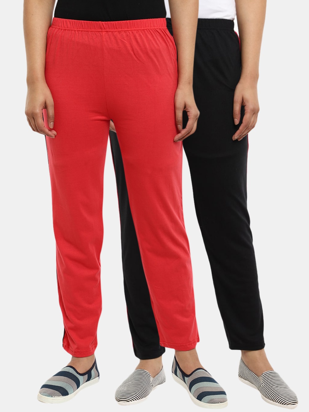 

V-Mart Women Pack of 2 Black & Red Solid Track Pants