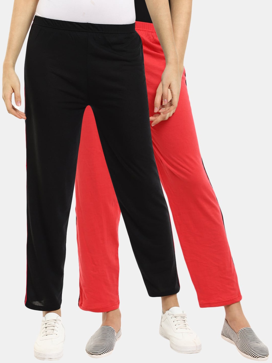 

V-Mart Women Pack of 2 Black & Red Solid Track Pants