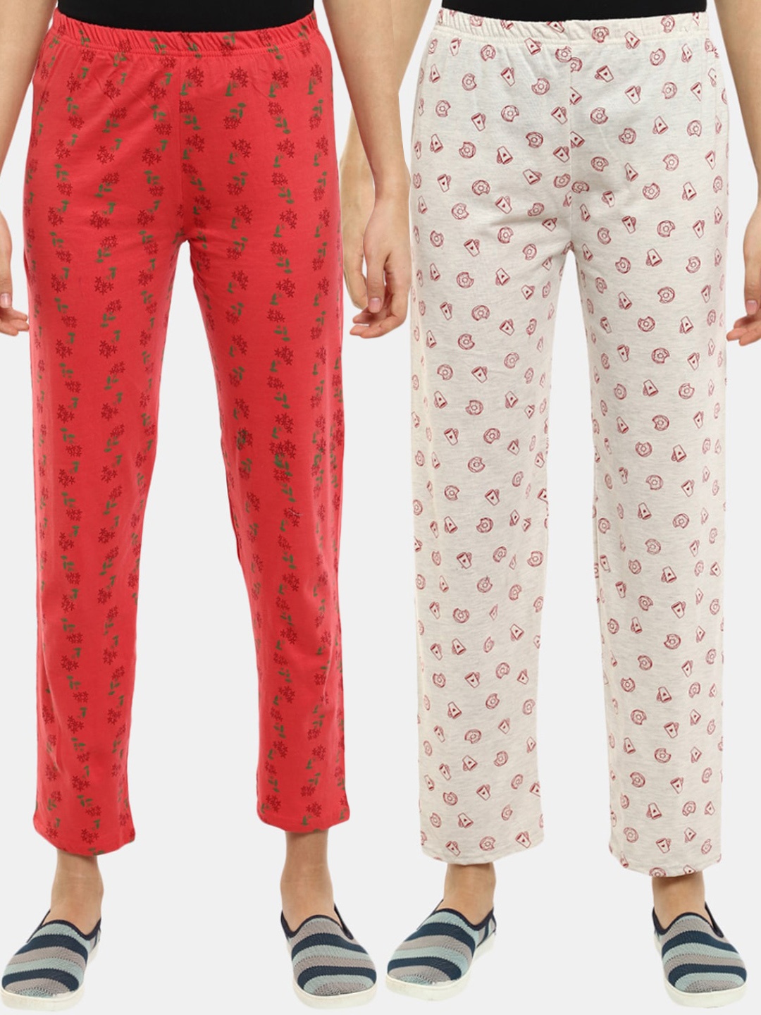 

V-Mart Pack of 2 Coral & Cream-Coloured Printed Lounge Pants, Beige