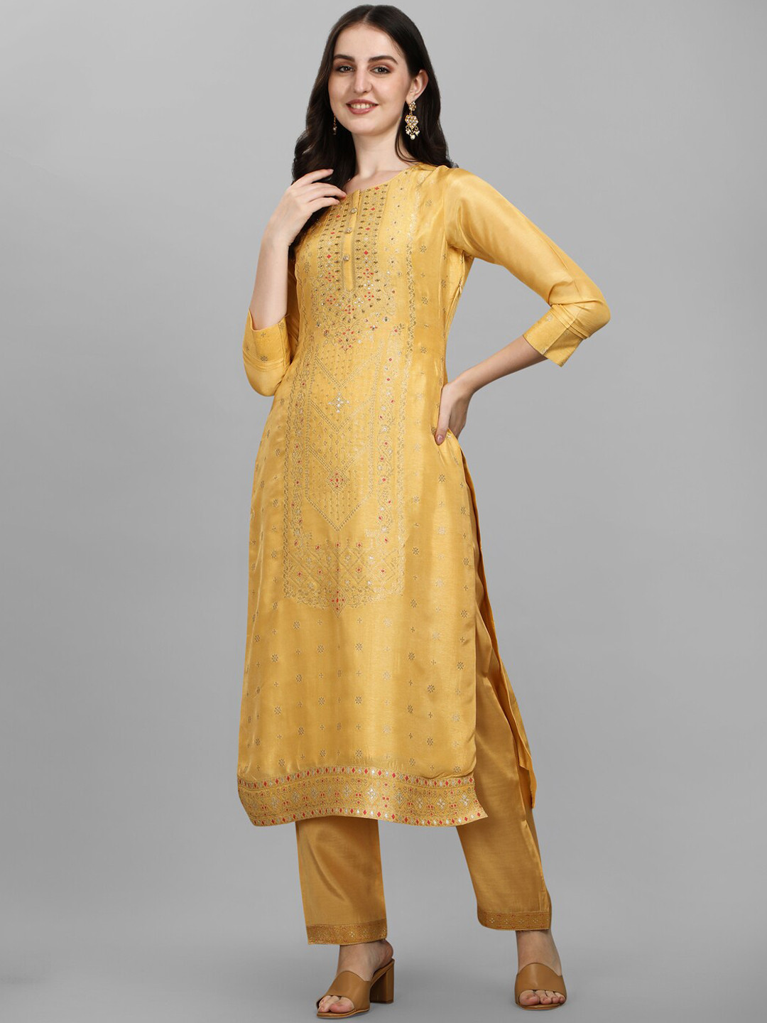 

Seerat Women Yellow Striped High Slit Pure Silk Kurti with Trousers