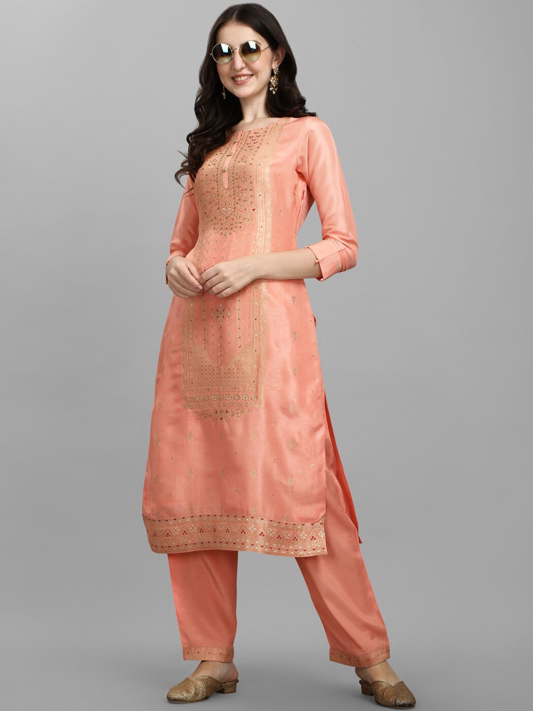 

Seerat Jacquard Bandhani Kurta With Palazzo, Peach