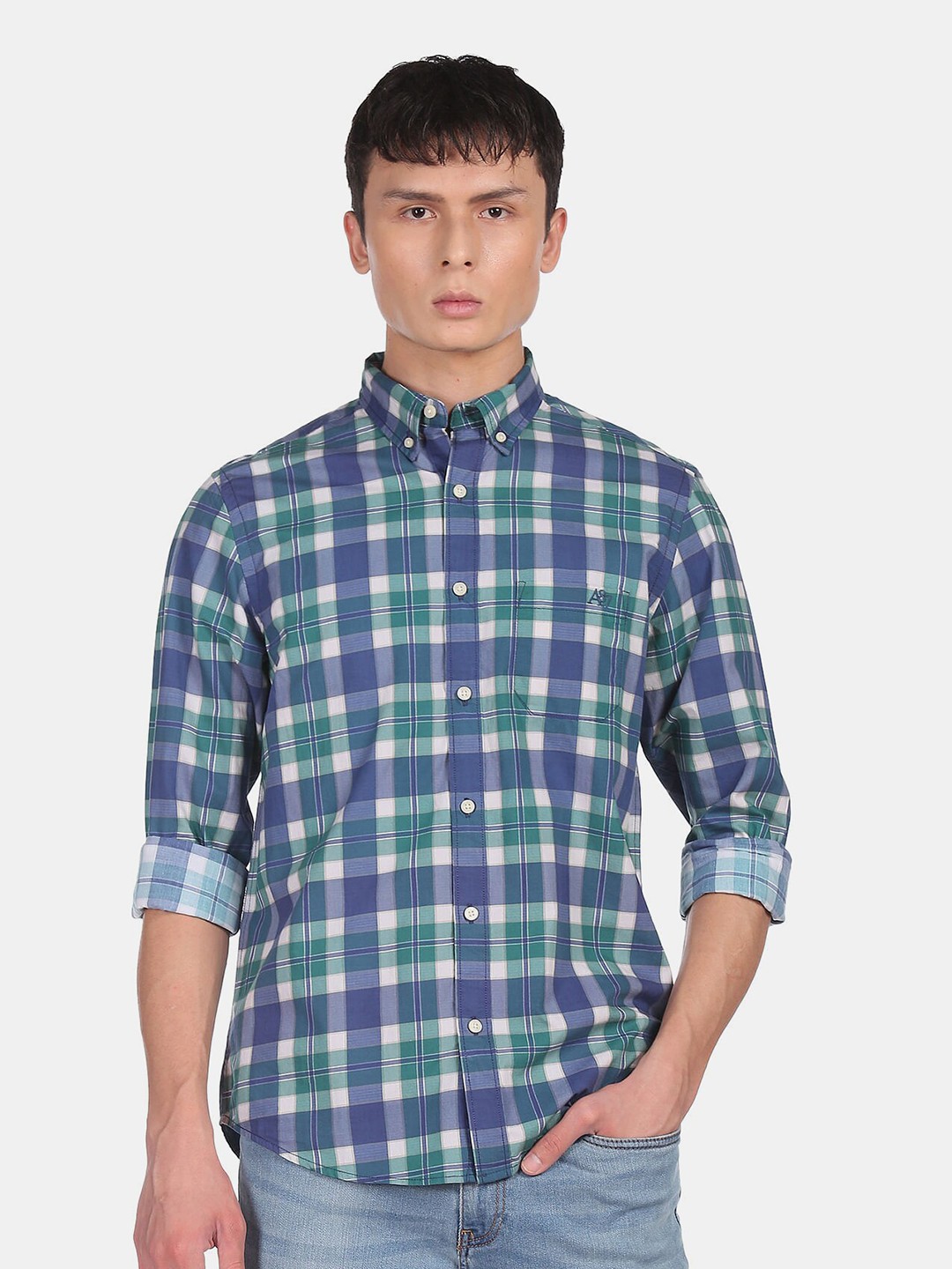 

Aeropostale Men Blue Tartan Checks Checked Casual Shirt