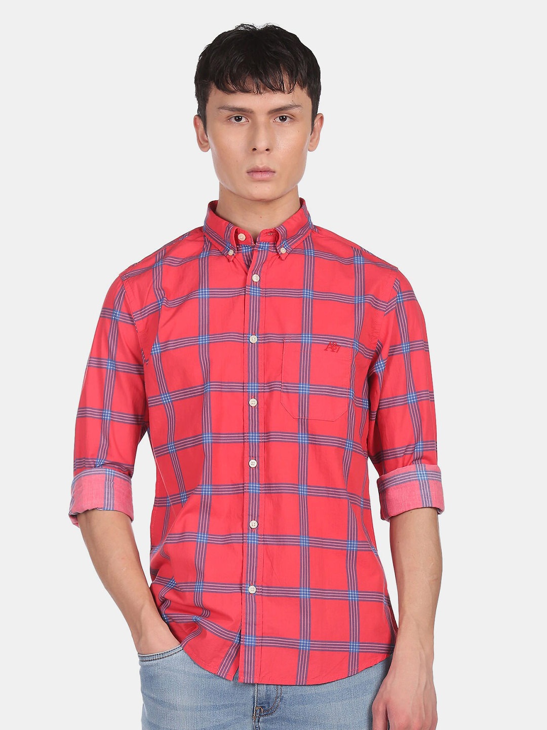 

Aeropostale Men Red Windowpane Checks Checked Casual Shirt