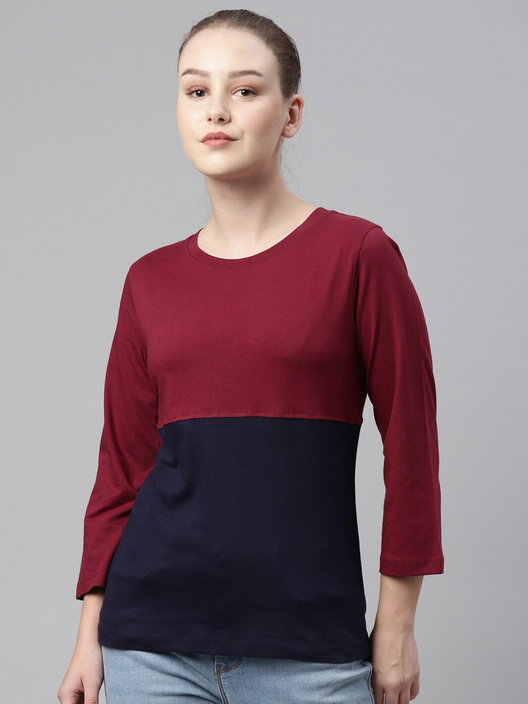 

LAYA Women Navy Blue & Maroon Colourblocked T-shirt