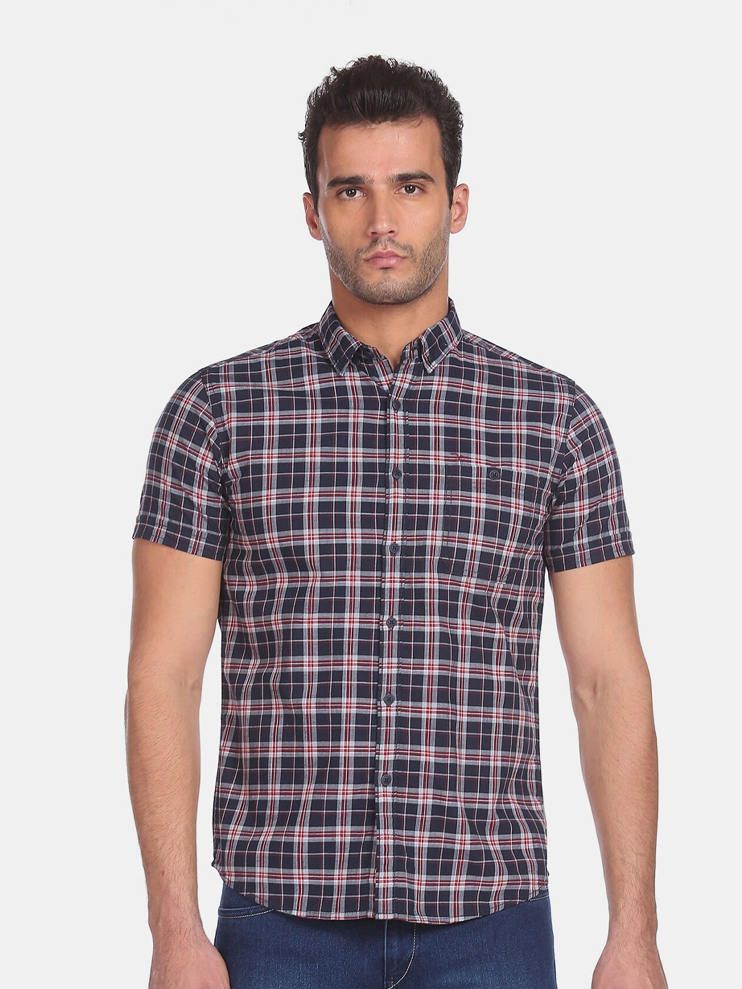 

Flying Machine Men Navy Blue Tartan Checks Cotton Casual Shirt