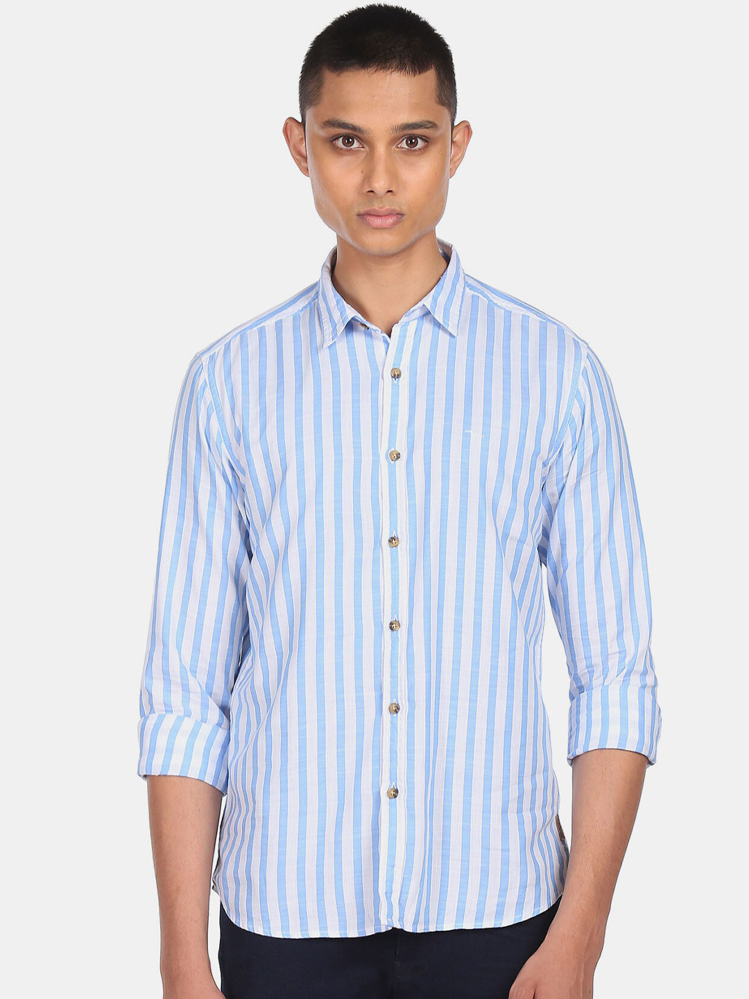 

Flying Machine Men Blue & White Striped Pure Cotton Casual Shirt
