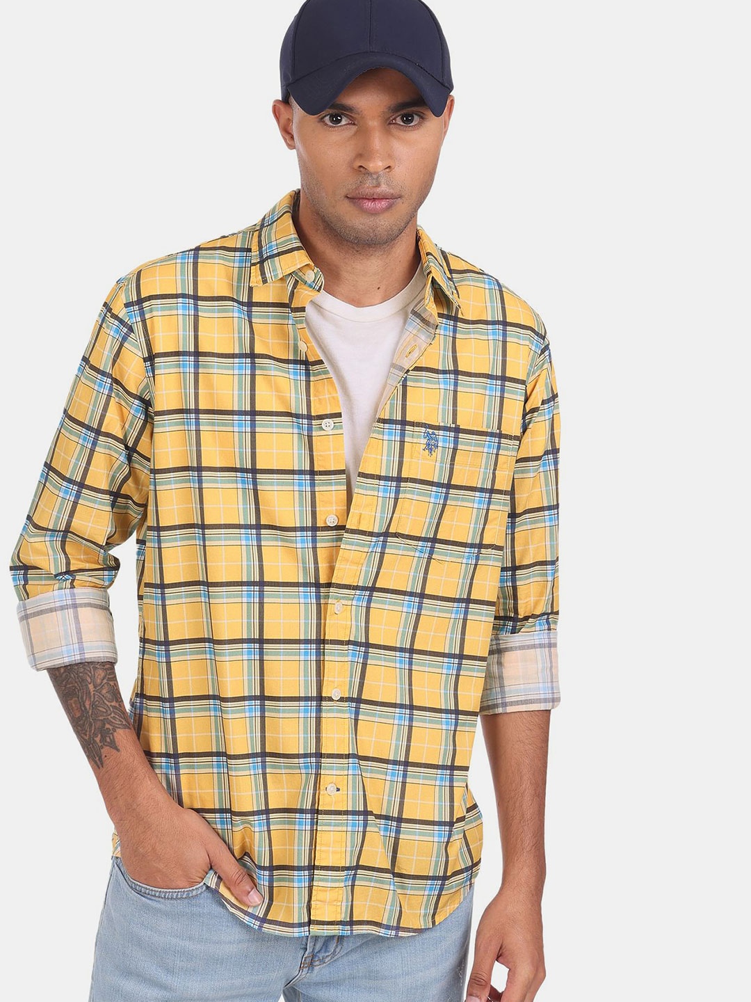 

U S Polo Assn Men Yellow Regular Fit Grid Tattersall Checked Cotton Casual Shirt